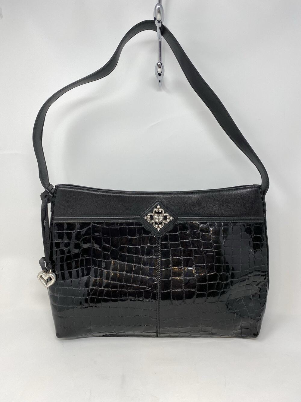 Brighton Black Croc Embossed Shoulder Bag Purse Silver Heart Charm Red Lining